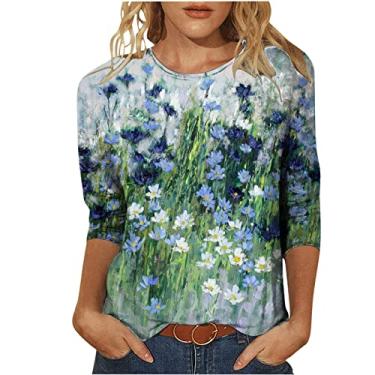 Imagem de MaMiDay Camisetas femininas de manga 3/4, estampa floral, casual, folgada, gola redonda, blusas elegantes, D06#azul-marinho, M