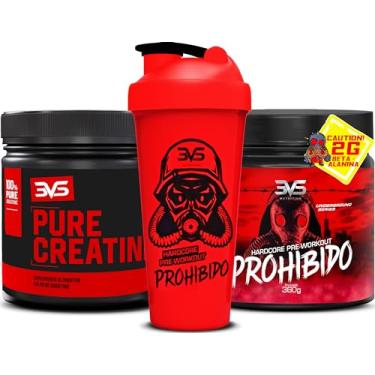 Imagem de Kit Creatina Pura 300gr + Pré treino prohibido 360gr + Garrafa 3VS Nutrition (360, Ponche de Frutas)