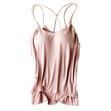 Imagem de Regata feminina de verão, sem mangas, alças finas, camisetas estéticas, para sair, cropped com sutiã embutido, rosa, M