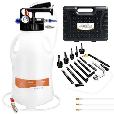 Imagem de JIFETOR Kit de ferramentas de extrator e dispensador pneumático de bomba de fluido de transmissão, conjunto de latas de óleo de 10L ATF e de enchimento de óleo de evacuador com adaptadores ATF de 15 peças, mangueira de 1 m para transferência de fluidos de garagem e loja de óleo de engrenagem