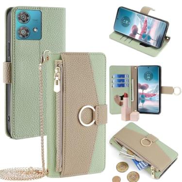 Imagem de YOUULAR Capa tipo carteira com alça transversal compatível com Motorola Edge 50 Ultra, bolsa magnética com zíper, bolso de couro PU, capa à prova de choque com suporte, verde