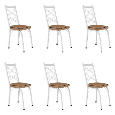 Imagem de Kit 6 Cadeiras De Cozinha Delaware Estampado Rattan Bege Pés De Ferro Branco