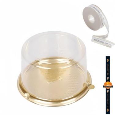 Imagem de Porta-bolo de 15,28 cm - Cúpula de plástico transparente - Contêiner de bolo único - Caixa de transporte para cupcake com tampa dourada