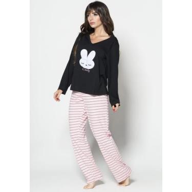 Imagem de Pijama Longo Feminino Estampado Bordado Gola V - WLS Modas, Preto, GG,