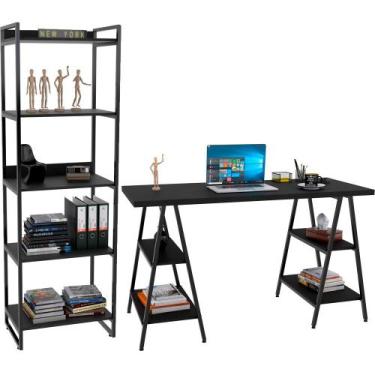 Imagem de Kit Mesa Cavalete 135 cm com Estante 5 Prateleiras Estilo Industrial F