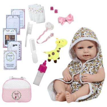 Imagem de Boneca Reborn Menina Realista Careca Roupão Girafa + Bolsa - Cegonha R
