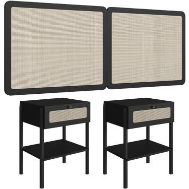 Imagem de Cabeceira Casal Queen 160cm E 2 Mesas Laterais 1 Gaveta Madeira Moss A03 Nero Preto