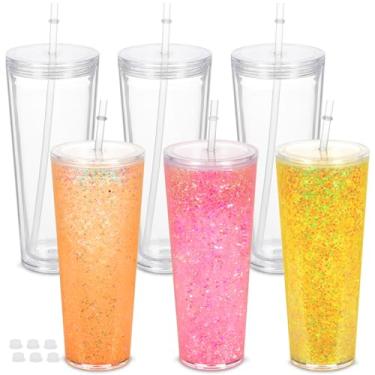 Imagem de Micellwuu Pacote com 6 copos de globo de neve de 680 g, copo de globo de neve de acrílico de parede dupla com orifício pré-perfurado, tampas, canudos e plugue, copos de globo de neve de acrílico