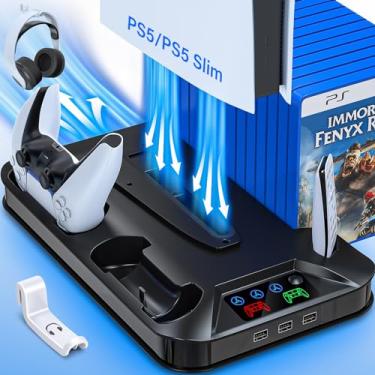 Imagem de Estação de resfriamento fina para PS5/PS5 com estação de carregamento para console PlayStation 5/digital, suporte de resfriamento PS5 com acessórios de ventilador para PS5 Slim com 3 hubs USB/suporte