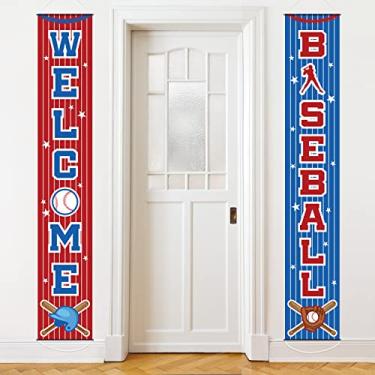 Imagem de Decoração de festa de beisebol tema de beisebol placa de varanda de aniversário porta de boas-vindas banner pendurado de beisebol esportes placa de varanda para menino criança adolescente chá de bebê beisebol suprimentos de festa de aniversário 71 x 12 polegadas