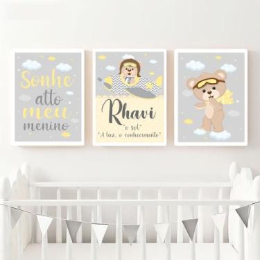 Imagem de 3 Quadros Infantil Ursinho Príncipe - FlorEllas, Ursinho Aviador Amare