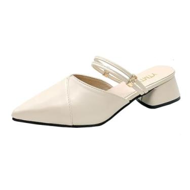 Imagem de Boxpopla Mocassim feminino fechado bico fino mules duas vias alça frente única para mulheres salto médio grosso mule slingback sapatos sem cadarço, Bege, 40