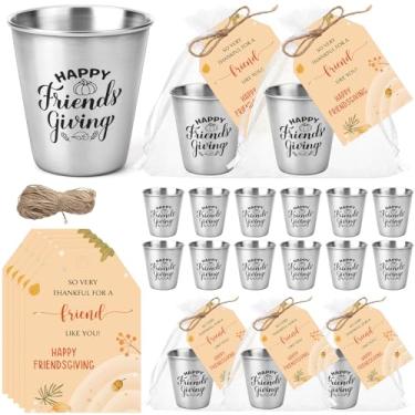 Imagem de Roshtia Conjunto de 20 copos de shot Happy Friendsgiving Friendsgiving lembrancinhas de festa de Ação de Graças de aço inoxidável 67 g com etiqueta de agradecimento, bolsa de organza, presente de Ação