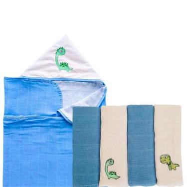 Imagem de Kit Enxoval 5 peças 1 Toalha Banho com Capuz e 4 Fralda Bordada Recém 