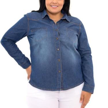 Imagem de Camisa Jeans Básica Blusa Feminina Plus Size Manga Longa - Lilih-Leon,