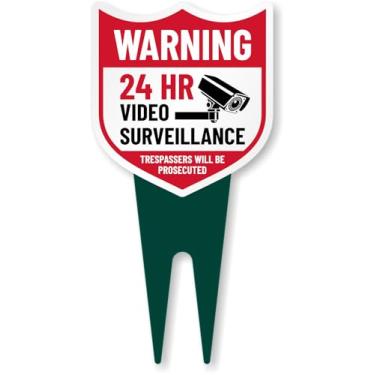Imagem de SmartSign Placa de estaca 24 HR Video Surveillance Trespassers Prosecuted Yard Stake, 15 x 30 cm, placa composta de alumínio de 120 mil com sobretudo para fora, placa em forma de escudo com estacas de