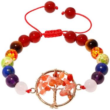 Imagem de Xfoxstal Pulseiras Reiki 7 Chakras Meditação Espiritual Ágata Vermelha Árvore da Vida Berloques Pulseiras para Mulheres Equilíbrio Moderno Boa Sorte Joias Presentes, Medium, Pedra, Ágata