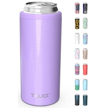 Imagem de TILUCK Cooler skinny para cerveja fina e seltzer duro, aço inoxidável, paredes duplas, latas finas isoladas de aço inoxidável, padrão de 340 g (lavanda)