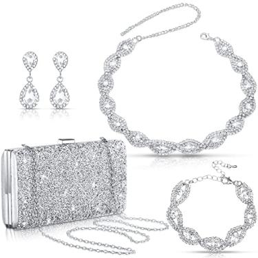 Imagem de Tiamon Conjunto de joias de strass para mulheres, 4 peças, conjunto de joias de casamento, brincos de strass, pulseira, bolsa de noite, bolsa de mão para mulheres, festa noturna, prata, Exquisite Style, Plástico, Sem Pedra Preciosa