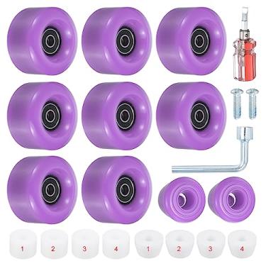 Imagem de PATIKIL Pacote com 8 rodas de patins, rodas de skate quádruplo de 58 mm x 32 mm com rolamento ABEC-9, rodas de skate de poliuretano 82A e 2 tampas de dedo para skate de fileira dupla, ao ar livre, interior, roxo
