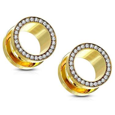 Imagem de Pierced Owl Aço inoxidável CZ Crystal Lined Rim Screw Fit Tunnel Plug Gauges, Vendido como par, metal, zircônia cúbica,, Metal, Zircônia cúbica