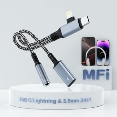 Imagem de 5.1 cm-2 Lightning USBC para fone de ouvido e adaptador de carregador de 3,5 mm, certificado MFi, conector de áudio USB C para auxiliar com conector de carregamento rápido PD 60W, adaptador de fone de