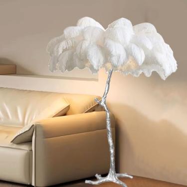 Imagem de Luminária de pé de resina, luminária de chão de penas de avestruz natural, lâmpada de decoração de quarto e sala de estar moderna com corpo de lâmpada prateada, lâmpada LED regulável