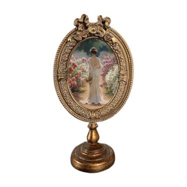 Imagem de Fenteer Moldura oval em com suporte de resina ornamentada versátil 22,5x12cm para galeria de fotos arte artesanal ornamento de mesa