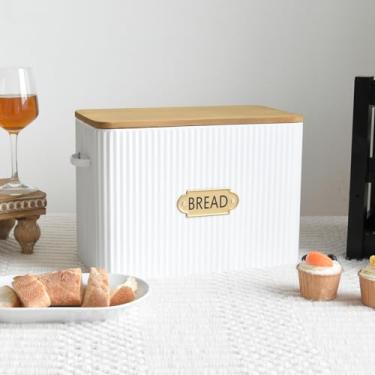 Imagem de EMAX HOME caixa de pão de casa de fazenda extra grande com listras verticais e economia de espaço com tampa de madeira - comporta 2 pães - caixa de pão vertical branca porta-caixa de armazen