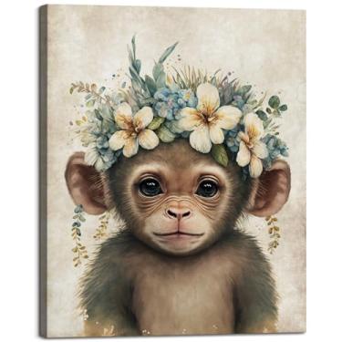 Imagem de Baby Plum Linda guirlanda de macaco bebê arte de parede selva animal flor grinalda impressão de pôster em tela linda imagem de macaco arte estética para quarto de crianças quarto de berçário quarto