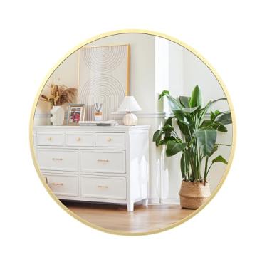 Imagem de Espelho redondo, espelho de banheiro dourado de 76 cm para pia, espelhos redondos com moldura de metal, espelhos redondos grandes e elegantes, espelho de parede para banheiro, entrada, penteadeira,