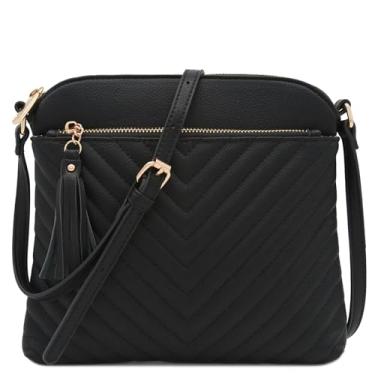 Imagem de FashionPuzzle Bolsa tiracolo média acolchoada Chevron com detalhe de borla, Preto, One Size
