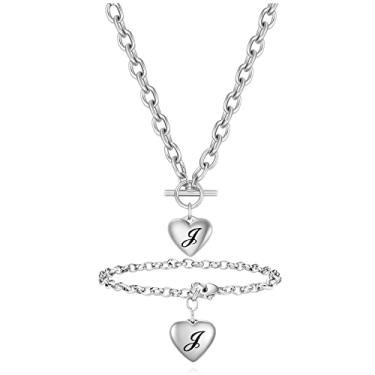 Imagem de VQYSKO Conjunto de pulseira e colar com iniciais de coração de prata - A-Z aço inoxidável com pingente gravado, joia feminina e feminina, presente de aniversário, Aço inoxidável, aço inoxidável