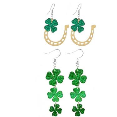 Imagem de 2 pares de brincos femininos do Dia de São Patrício com pingente de trevo verde de acrílico para o dia de São Patrício, chapéu verde, trevo, ferradura, brincos de dia de São Patrício, acessórios de