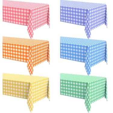 Imagem de Remagr 6 peças de toalha de mesa xadrez descartável, retangular, de plástico, búfalo, xadrez, 137 x 272 cm, toalha de mesa quadriculada para Páscoa, piquenique, acampamento, churrasco, festa de