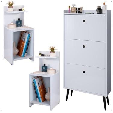 Imagem de Kit Quarto 2 Mesas Cabeceira Mesinha Fantasy Lateral Cama Sapateira Vertical Dark Organizadora Calçados Unissex Branco - Lojas RPM
