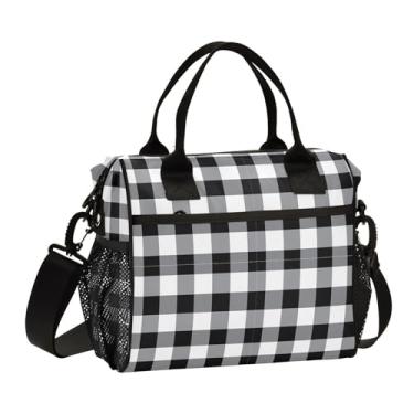 Imagem de Aslsiy Lancheira preta branca com isolamento térmico para mulheres, lancheira xadrez, bolsa infantil para escritório, escola, P