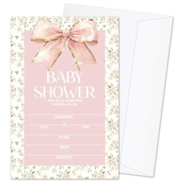 Imagem de mermermu Convites de chá de bebê com laço floral para meninas, cartões de convite de anúncio de bebê, 25 conjuntos de convites de chá de bebê com envelopes, suprimentos de festa de revelação de gênero