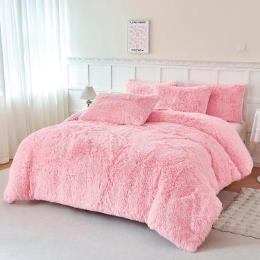 Imagem de Conjunto de edredom perfemet Plush Pink Faux Fur Shaggy Full Size