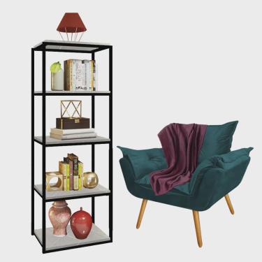 Imagem de Kit Poltrona Fatte com Manta Soft Bordô e Estante Livreiro Ferro Preto mdf Marmorizado Cinza Suede Azul Turquesa - Ahz Móveis