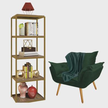 Imagem de Kit Poltrona Fatte com Manta Soft Verde e Estante Livreiro Ferro Dourado mdf Freijó Suede Verde Musgo - Ahazzo Móveis
