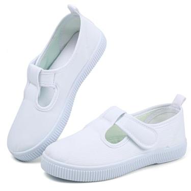Imagem de Tênis infantil de lona branco para meninos e meninas, sem cadarço, leve, casual, adequado para a pele, tênis de corrida (bebês/crianças pequenas/crianças grandes), Branco (gancho e laços 2), 15