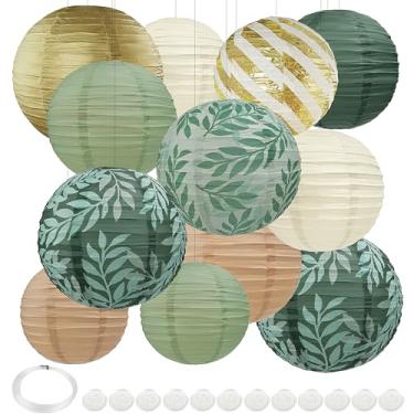 Imagem de Bisanzoya Lanternas De Papel Decorativas Penduradas Em Verde Sálvia, 12 Peças, Decoração De Festa De Aniversário Com Floresta Verde Sálvia E Dourada Com Ganchos E Cordas, Chá De Panela, Casamento, D