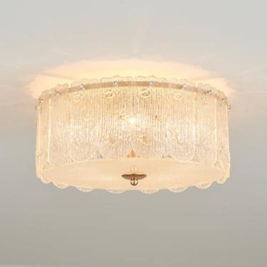 Imagem de ELYCCUPA Luminária De Teto Semi-Embutida De Vidro Texturizado De 15" Com Lustre Clássico De Latão Cristalino, Luminária De Teto Moderna E Luxuosa Para Cozinha, Quarto, Sala De Jantar, Listada Pela