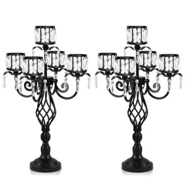 Imagem de Suporte de castiçal de cristal com 58,9 cm de altura, elegante e chique, pingente de 5 braços, decoração de mesa, candelabro para lindos casamentos/festas de mesa (2, preto)