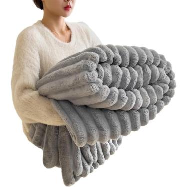 Imagem de Cobertor de lã duplo, 200 x 230 cm, cobertor de pele falso e peluda e macia, cobertor de cama de casal, lavável para o outono (leite espessado branco), cinza/prata, 180 x 200 cm