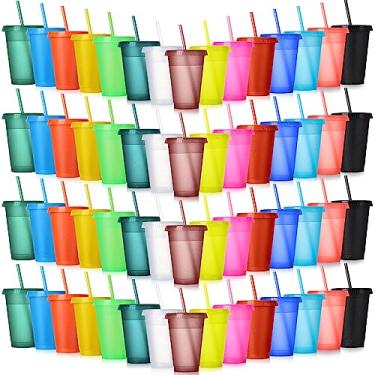 Imagem de Hsei 60 peças de copo de plástico com glitter de 473 ml com canudo e tampa, copos coloridos com tampas e canudo, caneca de café gelado reutilizável, garrafa de água para crianças, presente de Natal