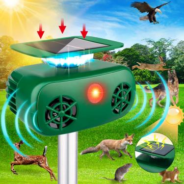Imagem de JNKNT Repelente de gatos ao ar livre, repelente solar de animais de pragas, dispositivos de dissuasão de pássaros, repelente ultrassônico para cães movido a energia solar com sensor de movimento e luz