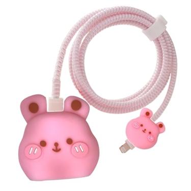 Imagem de AUGEN Capa protetora com design 3D de desenho animado para carregador adaptador de energia USB-C de 20 W, capa de cabo de dados Lightning com desenho fofo para carregador de iPhone (Teddy Pink, pacote