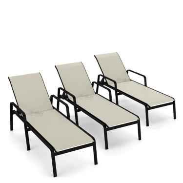 Imagem de Kit 3 Espreguiçadeira Piscina Alumínio Preto Tela Bege